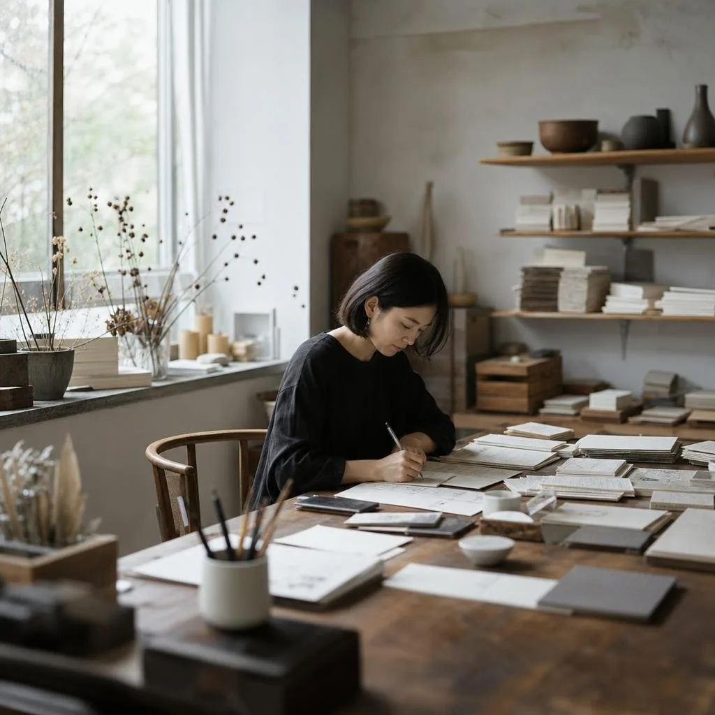 Quiet writing desk with cotton paper, pens, and natural light