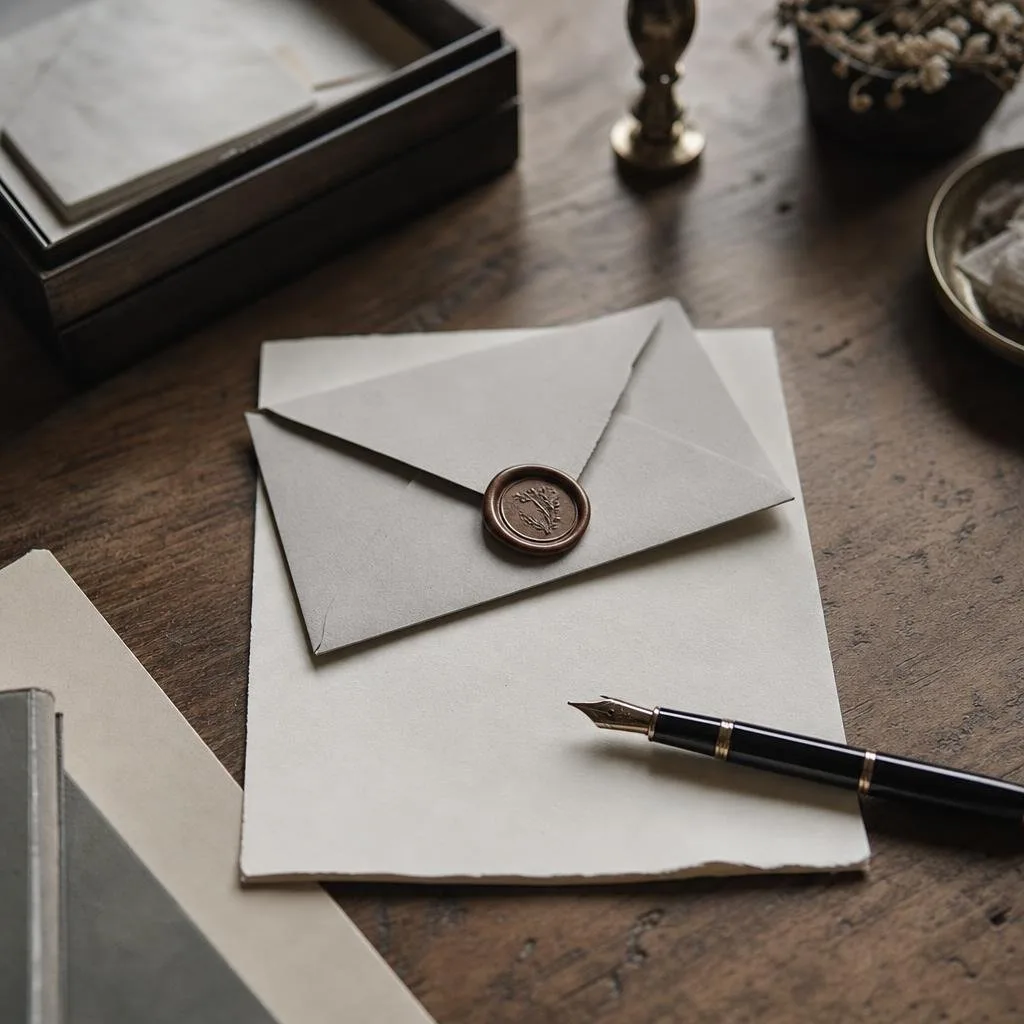 A handwritten letter, wax seal, and fountain pen laid out on a wooden desk